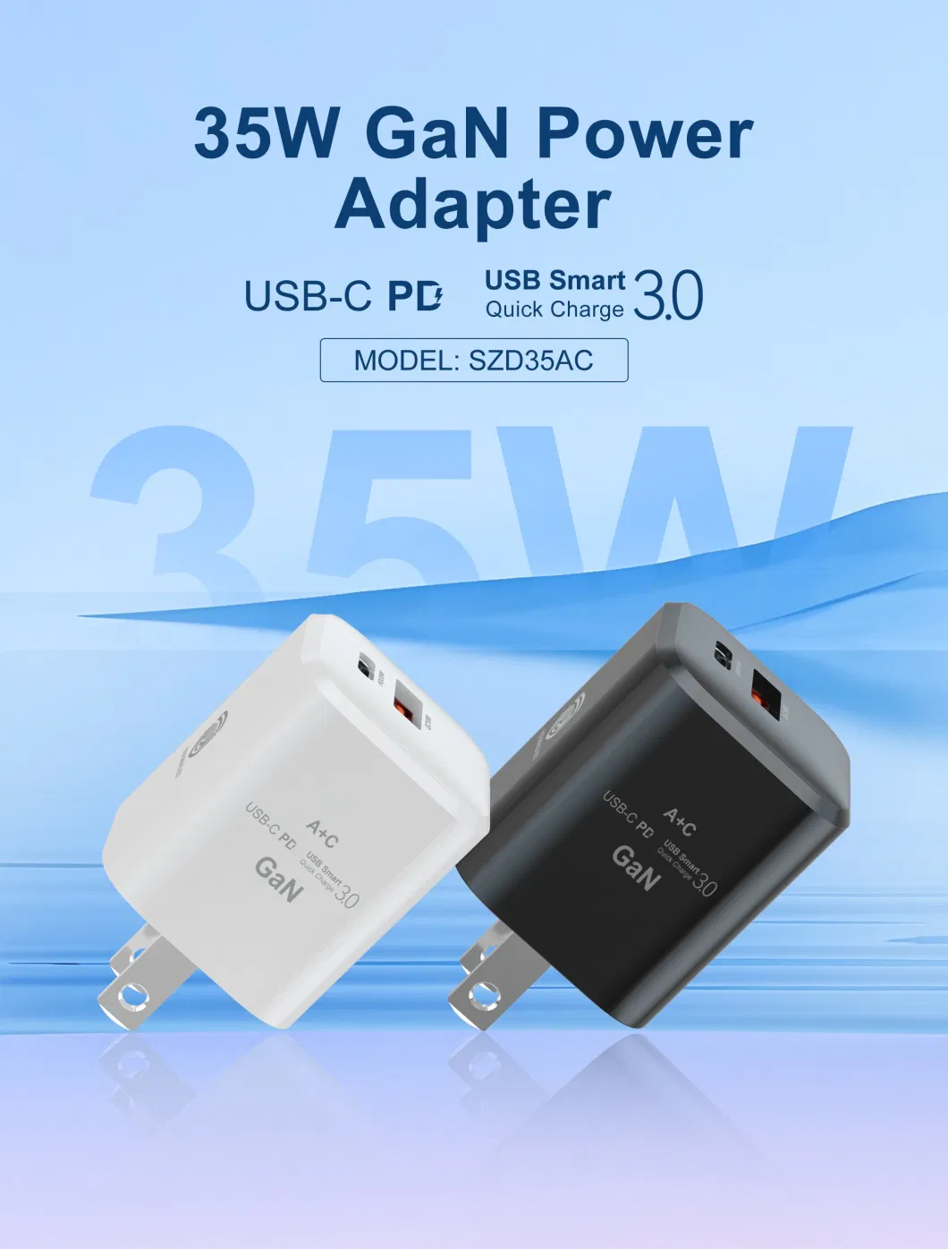 Latest Gallium Nitride Technology 35W Pd QC Fast Charger USB a+C Dual Port Mobile Power Charger